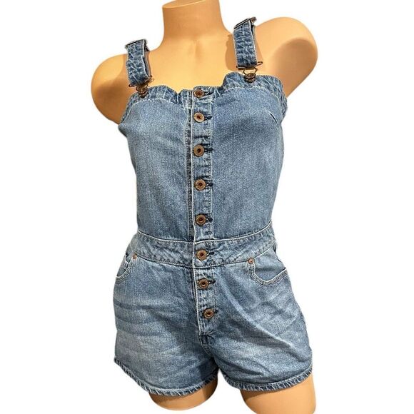 American Rag Denim Romper Shortalls Overalls Sz 3 Y2K  2” Bib Blue Jeans J Lo - Picture 1 of 10